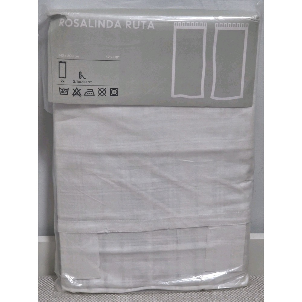 NIP! IKEA ROSALINDA RUTA Tone on Tone White Plaid Tab Top Curtains 100% Cotton